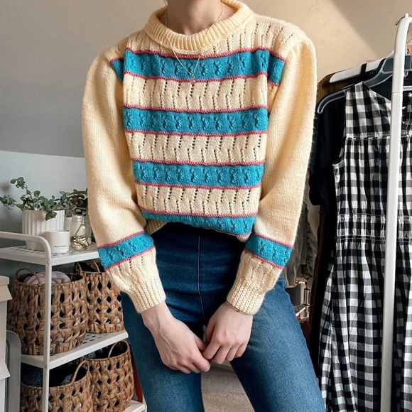 Vintage Sweaters - Vintage Striped Crewneck Sweater Yellow, Teal, Pink Retro Small